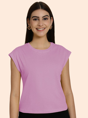 FRISKERS Solid Women Round Neck Purple T-Shirt