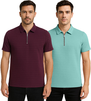 KEOTI Self Design Men Zip Neck Maroon, Light Blue T-Shirt