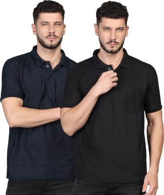 INKKR Solid Men Polo Neck Blue, Black T-Shirt