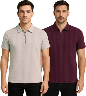 YUALIN CREATION Self Design Men Polo Neck Grey, Maroon T-Shirt