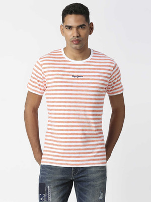 Pepe Jeans Striped Men Crew Neck Orange T-Shirt