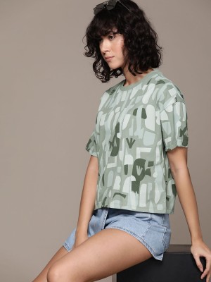 Roadster Printed Women Round Neck Green T-Shirt