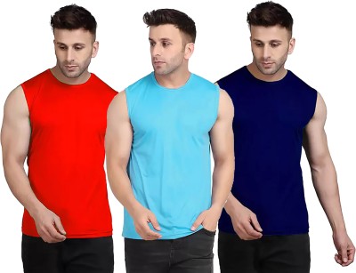 Think Tech Solid Men Round Neck Red, Light Blue, Dark Blue T-Shirt