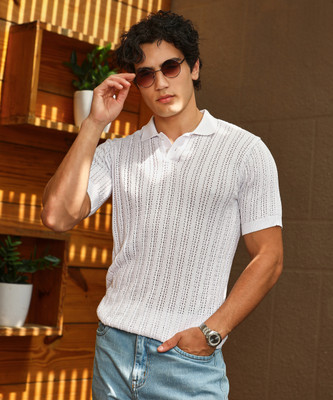 CAMPUS SUTRA Self Design Men Polo Neck White T-Shirt