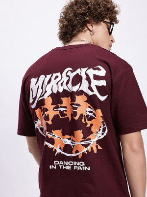 Glitchez Printed Men Round Neck Maroon T-Shirt