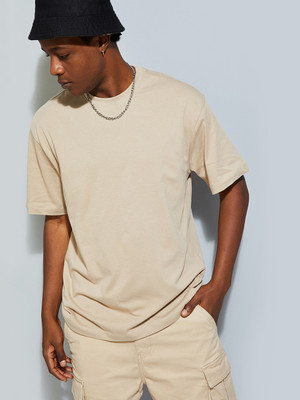 MAX Solid Men Round Neck Beige T-Shirt