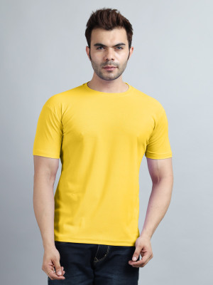 V DAS Solid Men Round Neck Yellow T-Shirt