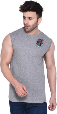Lawful Casual Graphic Print Men Round Neck Silver T-Shirt