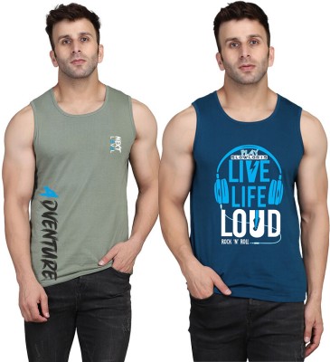 SLOWLORIS Printed Men Scoop Neck Dark Blue, Light Green T-Shirt