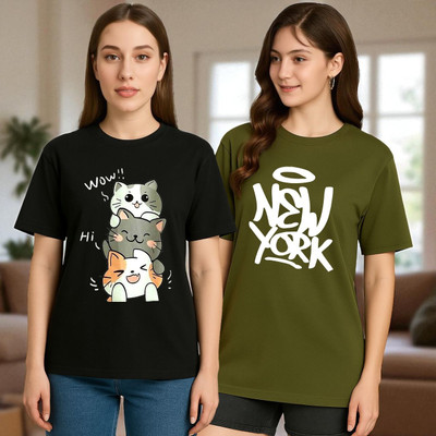 Elvia Printed Women Round Neck Black, Green T-Shirt