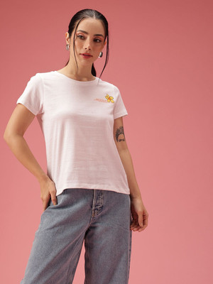 Dressberry Printed Women Round Neck White T-Shirt