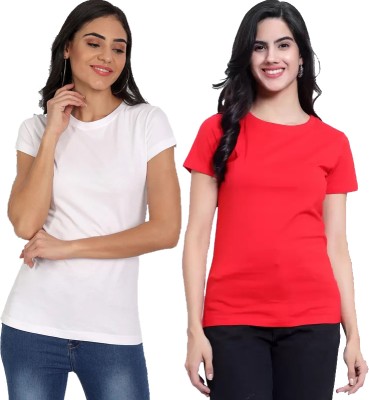 LIVAX COTTY Solid Women Round Neck White, Pink T-Shirt