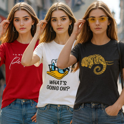 Fabflee Printed Women Round Neck Multicolor T-Shirt