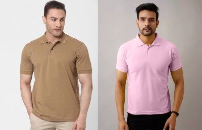 Silver Swan Solid Men Polo Neck Beige, Pink T-Shirt