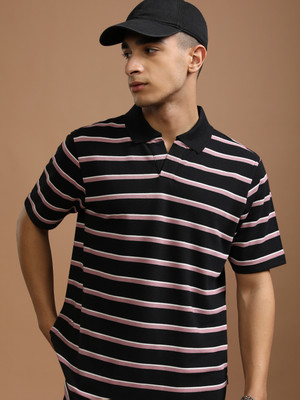 HIGHLANDER Striped Men Polo Neck Black T-Shirt