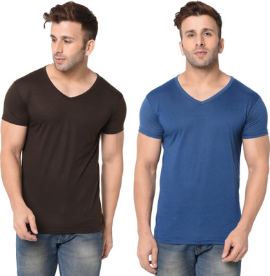Tresna Trending Solid Men V Neck Dark Blue, Brown T-Shirt