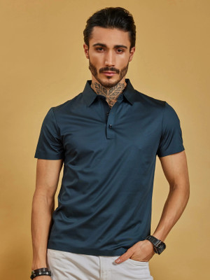 OTFIT Solid Men Polo Neck Reversible Blue T-Shirt