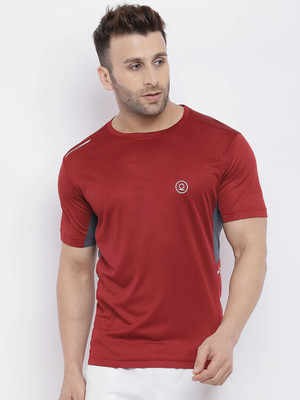 CHKOKKO Solid Men Round Neck Maroon T-Shirt