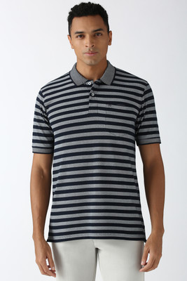 PETER ENGLAND Striped Men Polo Neck Grey T-Shirt
