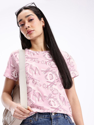 Kook N Keech Printed Women Round Neck Pink T-Shirt