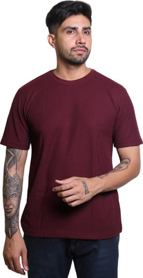 HouseOfCommon Solid Men Round Neck Maroon T-Shirt
