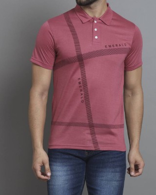 EMERALD Geometric Print Men Polo Neck Pink T-Shirt