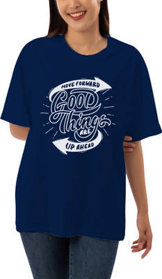 HouseOfCommon Printed, Typography Women Round Neck Blue T-Shirt