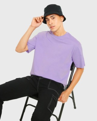 KIDSWING Solid Men Round Neck Purple T-Shirt