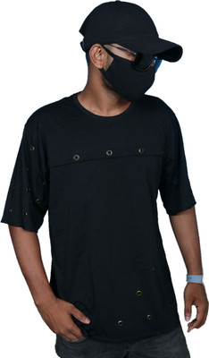 R World Solid Men Round Neck Black T-Shirt