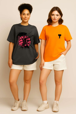 Absolute Monarchy Printed Women Round Neck Orange, Grey T-Shirt