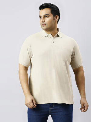 XMEX Solid Men Polo Neck Beige T-Shirt