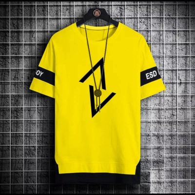 Autna Solid, Printed, Self Design Men V Neck Yellow T-Shirt