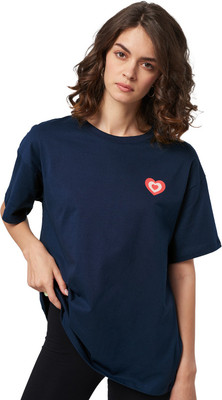 The Souled Store Printed Women Round Neck Navy Blue T-Shirt