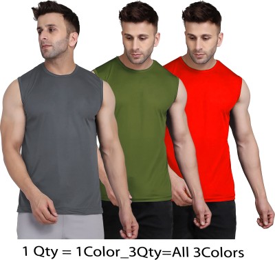 UDI n ADI Solid Men Round Neck Grey, Dark Green, Red T-Shirt