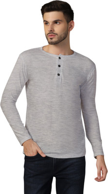 GEUM Solid Men Henley Neck Grey T-Shirt