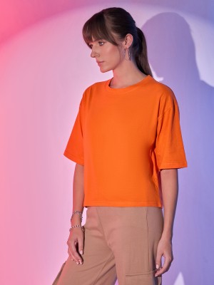 Dimpy Garments Solid Women Round Neck Orange T-Shirt