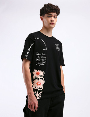 FLYING MACHINE Printed Men Crew Neck Black T-Shirt