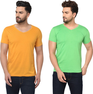 Tresna Fab Solid Men V Neck Yellow, Light Green T-Shirt