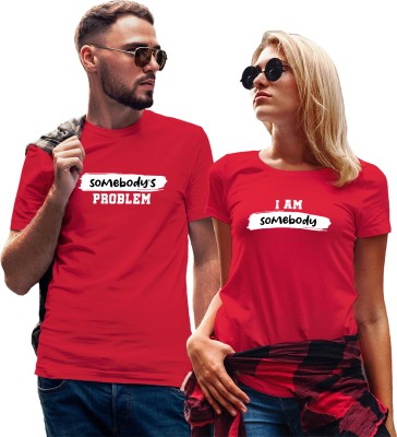 BEFLI Graphic Print Couple Crew Neck Red T-Shirt