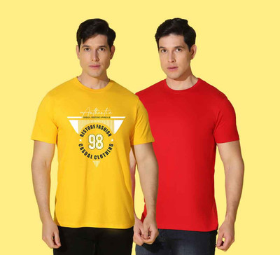WOOSTRO Printed, Solid Men Round Neck Red, Yellow T-Shirt