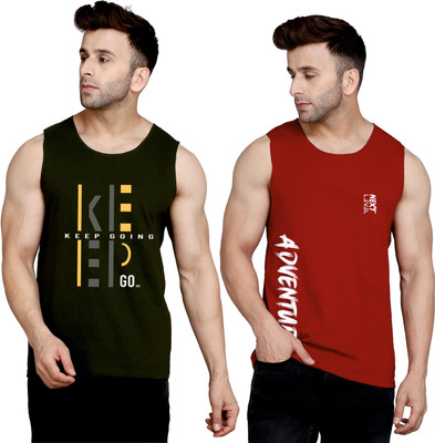 SLOWLORIS Printed Men Round Neck Dark Green, Maroon T-Shirt