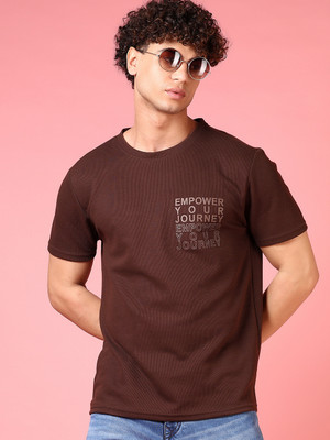 V-MART Solid Men Round Neck Brown T-Shirt