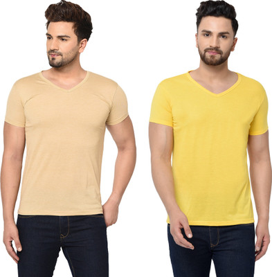 Adorbs Trend Solid Men V Neck Beige, Yellow T-Shirt