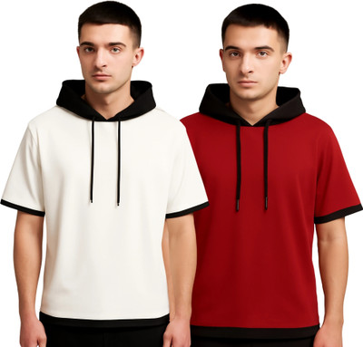 LILBITS Solid Men Hooded Neck White, Maroon T-Shirt