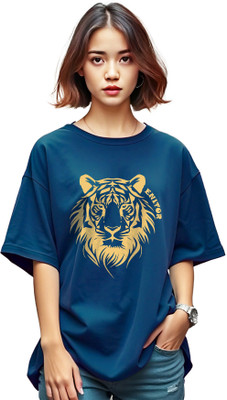 ENITOR Printed Women Round Neck Dark Blue T-Shirt