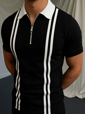 Try This Striped Men Zip Neck Black T-Shirt