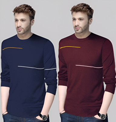Reya Printed Men Round Neck Maroon, Blue T-Shirt