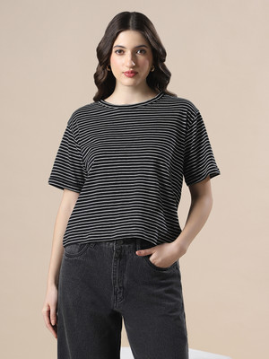 Globus Striped Women Round Neck White, Black T-Shirt