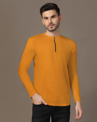 tfurnish Solid Men Zip Neck Yellow T-Shirt