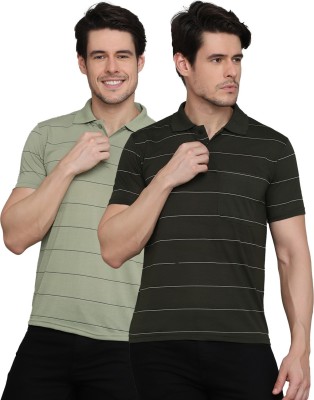 INKKR Striped Men Polo Neck Green T-Shirt